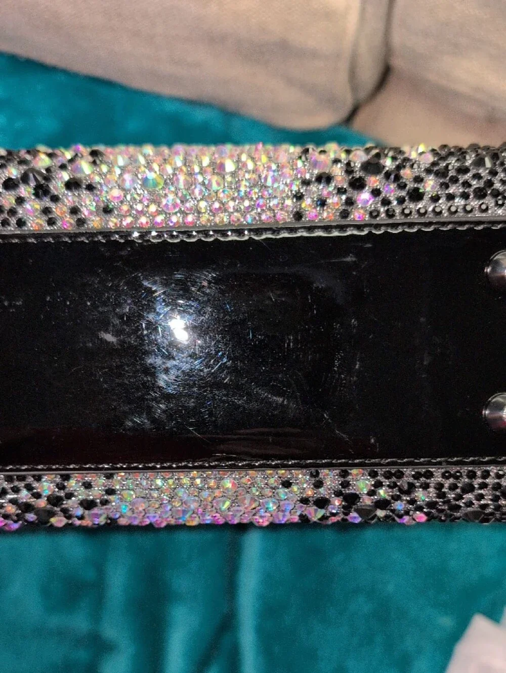 Crystal-Embellished Black Patent Mini Tote With Crossbody Strap - Picture 8 of 16